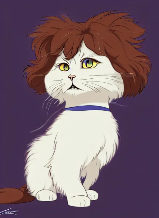 Image similar to teen boy with brown hair and big blue eyes, wearing a hoodie, fluffy white persian cat, natural lighting, path traced, highly detailed, high quality, cartoon, digital painting, by don bluth and ross tran and studio ghibli and alphonse mucha