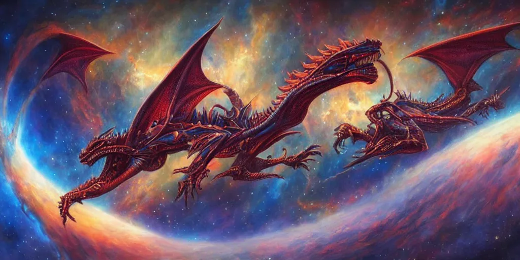 Image similar to an alien dragon flying in outer space, epic nebula, Dan Seagrave art