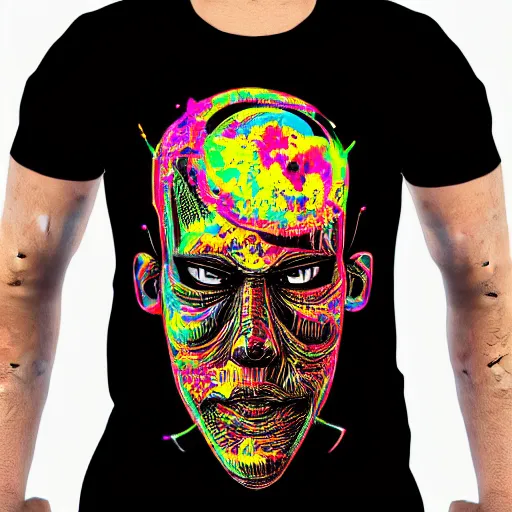 Image similar to black tshirt with a hyperdetailed portrait of a meditating diesel punk robot, 8 k, symetrical, flourescent colors, halluzinogenic, multicolored,