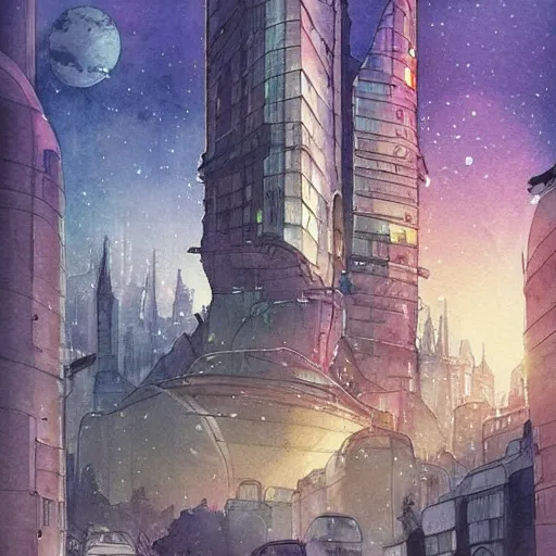 Image similar to Beautiful happy picturesque charming sci-fi city in harmony with nature. Nice colour scheme, soft warm colour. Beautiful detailed watercolor by Lurid. (2022)