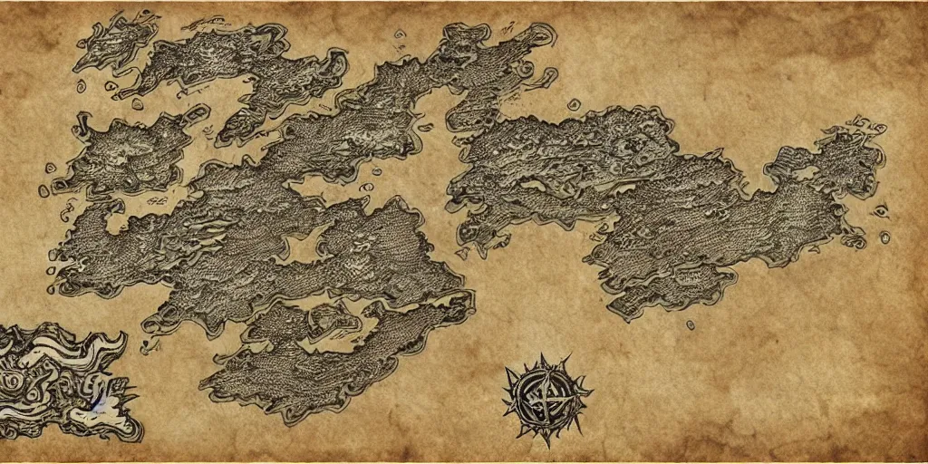 Prompt: ink map of a fantasy world on parchment paper, highly detailed, fantasy art