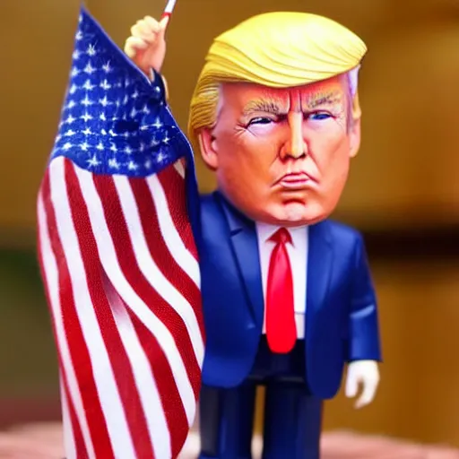 Image similar to a toy figure of donald trump holding usa flag