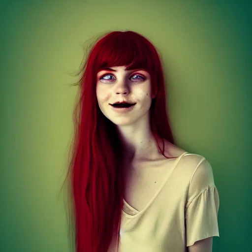 Prompt: a fantastic portrait photograph of a smiling girl with red hair and green eyes by Alessio Albi, symmetrical face, artstation, deviantart, hyperrealism