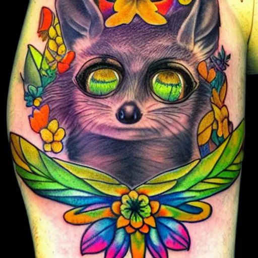 Image similar to shoulder tattoo of a multicolored trippy furry cute bushbaby with rainbow colored spiral eyes, surrounded with colorful shrooms and flowers, marihuana leaves, insanely integrate