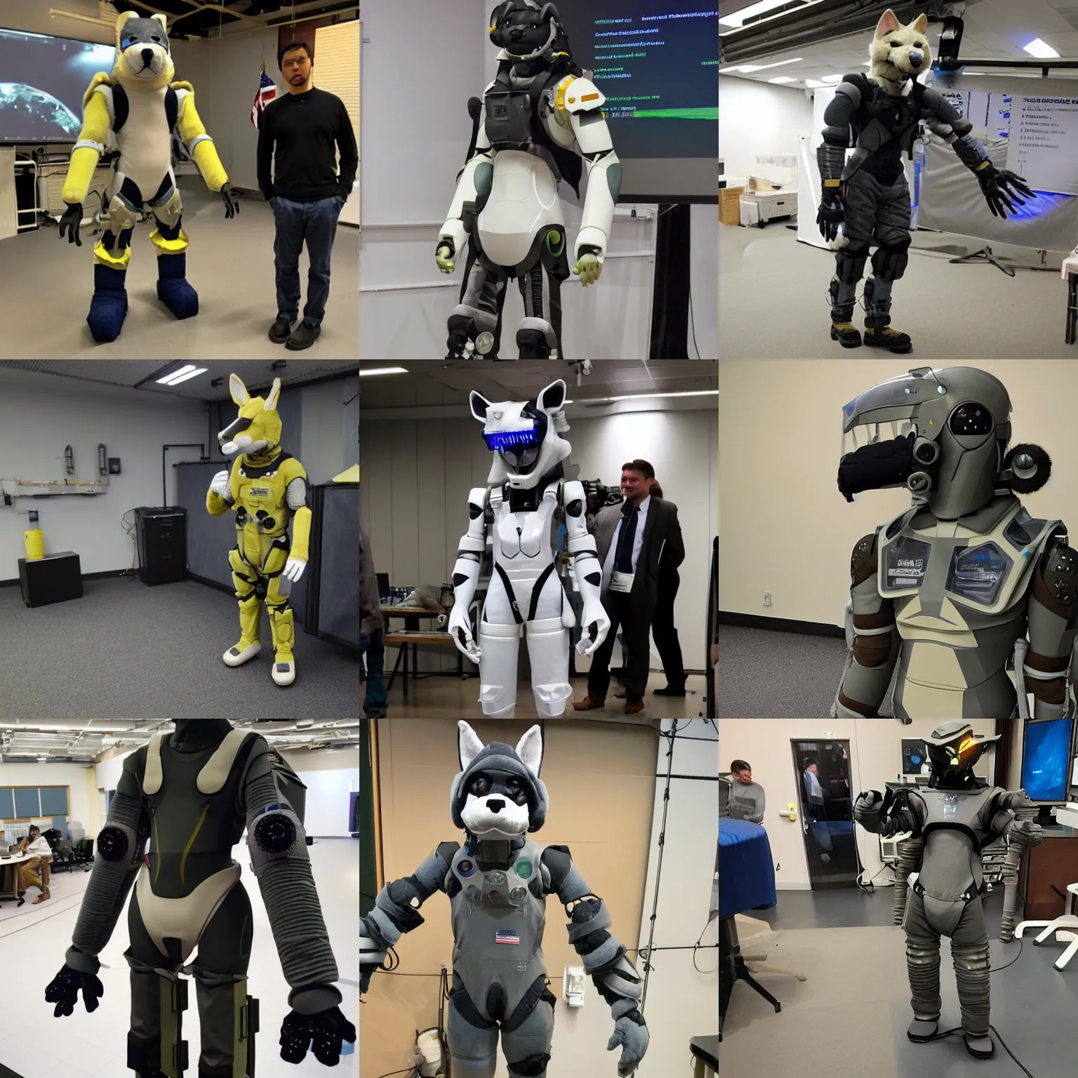 Prompt: Prototype presentation of a fully operational DARPA-designed fursuit-exosuit with a full suite of features including: HUD display, portable generator, automated defence platform, IARPA-designed LOKI obfuscating unit, self-contained sealed environment, and emergency countermeasures.