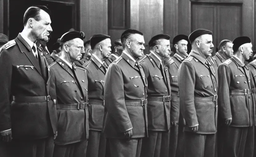 Prompt: 50s movie still of very diverse soviet generals head with very detailed faces in a stalinist parlement, by Alexei Guerman, Cinestill 800t 35mm black and white, heavy grainy picture, very detailed, high quality, 4k, HD criterion, precise texture, diverse faces, diverse haircuts, diverse ages