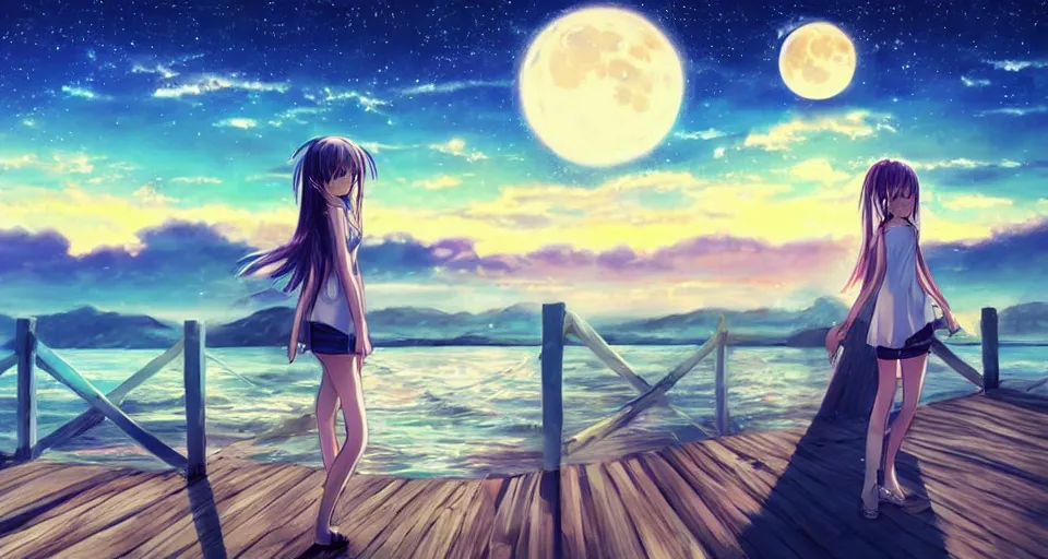 Prompt: cute anime girl standing on a pier, blue shiny eyes, the ocean as background at twilight, big moon above the water, colorful, magical, smooth, extremely detailed, devianArt, by Saranxiety on Pinterest