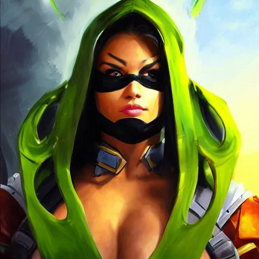 Prompt: greg manchess portrait painting of jade from mortal kombat wearing a half mask as overwatch character, medium shot, asymmetrical, profile picture, organic painting, sunny day, matte painting, bold shapes, hard edges, street art, trending on artstation, by huang guangjian and gil elvgren and sachin teng