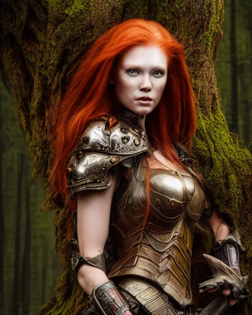 Image similar to 5 5 mm portrait photo of an armored redhead woman warrior, and antlers growing from her head, in a magical forest. by luis royo. highly detailed 8 k. intricate. lifelike. soft light. nikon d 8 5 0. cinematic post - processing