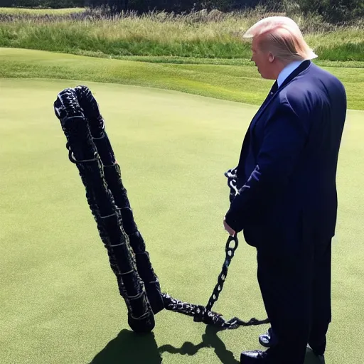 Prompt: photo of trump with handcuffs on his hands, being taken from his golf course to an fbi car