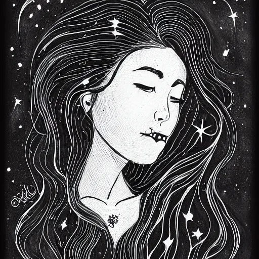 Prompt: A black ink portrait of a lonely beautiful woman with slightly opened lips and the the constellation in her black flowing hair, inktober