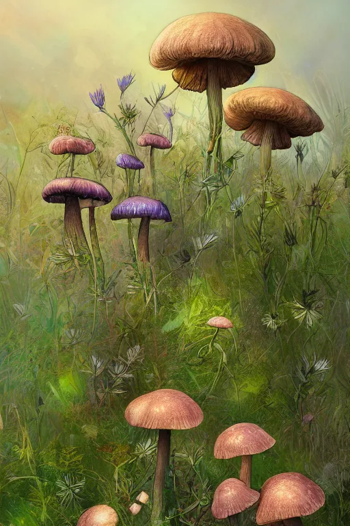 Prompt: beautiful digital matter cinematic painting of whimsical botanical illustration of thistles and lilies mushrooms thicket, whimsical scene bygreg rutkowki artstation