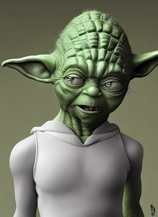 Image similar to full length photo of Yoda in a tanktop in the style of stefan kostic, full slim body, screaming. not realistic, sharp focus, 8k high definition, insanely detailed, intricate, elegant, art by stanley lau and artgerm