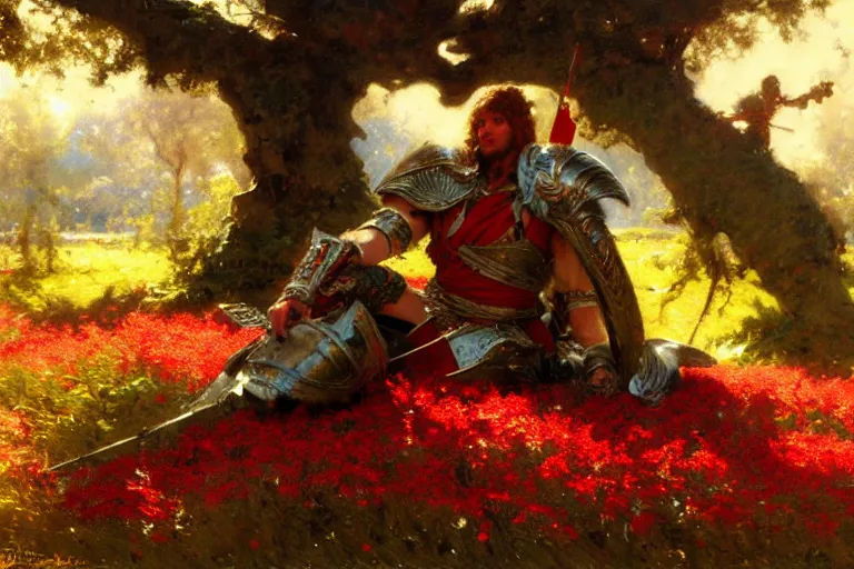 Image similar to winter, a tired male warrior wearing armor relaxing under a huge tree with red flowers, long shot, fantasy, painting by gaston bussiere, craig mullins, j. c. leyendecker, trending on artstation