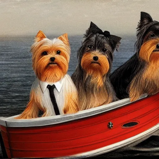 Image similar to a Yorkshire terrier on a boat wearing a black bow tie, extremely detailed masterpiece, illustration, by Michael Sowa,