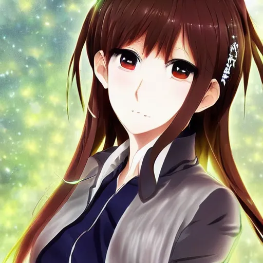 Image similar to key anime visual of a beautiful girl with brown hair and green eyes, trending on Pixiv; detailed