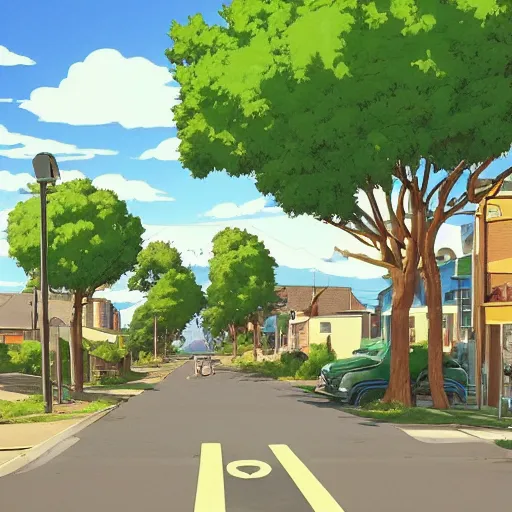 Image similar to neighborhood street, uptown street, golden hour, golden sunshine, trees over road, shining sun in distance, trees, juniper trees, oak trees, cars parked in street, long street, distance, cel - shaded, raytracing, cel - shading, toon - shading, 2 0 0 1 anime, flcl, jet set radio future, drawn by artgerm