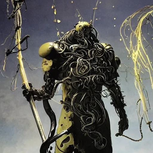 Image similar to All powerful Omnipotent, stunning beauty, young male, norse sun god, painted face, battle damaged, muscled torso, wearing golden robe of thin tentacles, wires, dystopian, dark ambience, in the style of Ashley Wood,