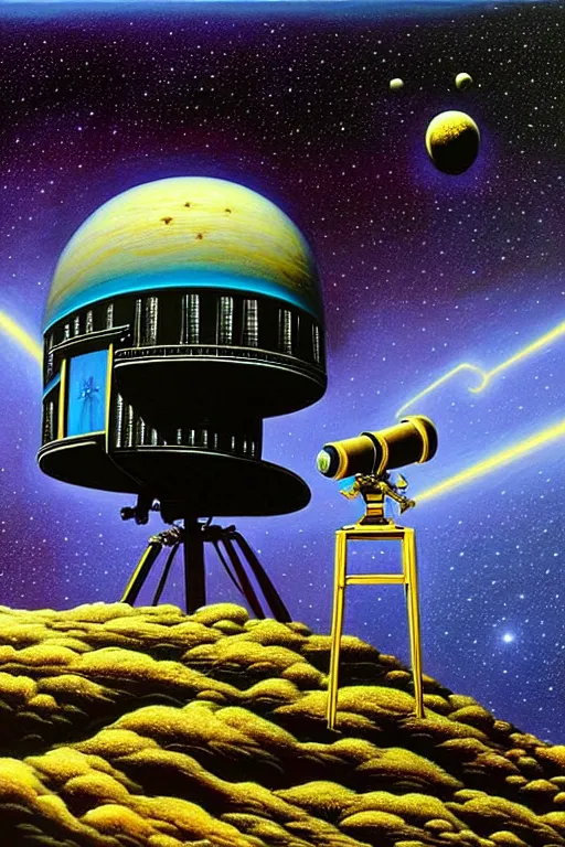 Image similar to a hyperrealistic painting of an ornate observatory resting on the cliff of an alien terrain, telescope pointing towards space galaxies and stars by chris cunningham and richard corben, highly detailed, vivid color,