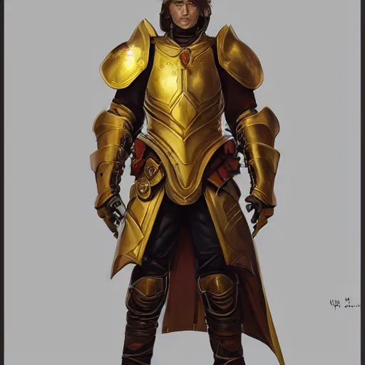 Image similar to male artificer, arrogant, plate armor without helmet, half-body portrait, D&D, fantasy, portrait, highly detailed, digital painting, artstation, concept art, sharp focus, illustration, art by artgerm and greg rutkowski and magali villeneuve, red white and gold color scheme