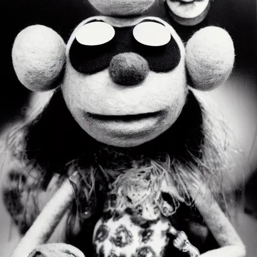 Prompt: a black and white photograph by Gary Baseman, Robert Crumb, Jim Henson, photorealistic, surreal, high contrast, film photography, felt, muppet, character