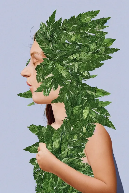 Image similar to a portrait of a girl wearing a dress made up of leaves