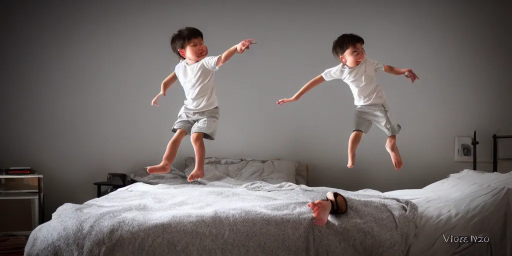 Prompt: little cute boy jumping on his bed by Victor Nizovstev