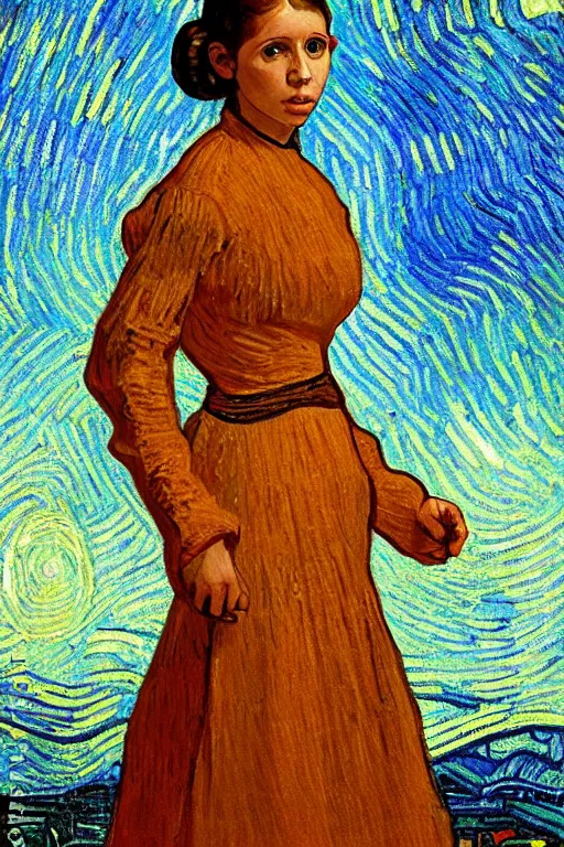 Prompt: bright beautiful oil painting portrait of young princess leia in 1 9 th century breton clothing, light scatter, van gogh