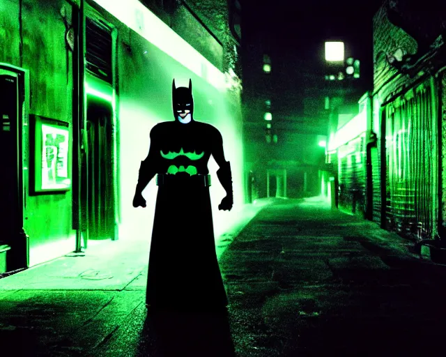 Image similar to a photograph of Batman holding a green lightsaber in a dark city alleyway at nighttime