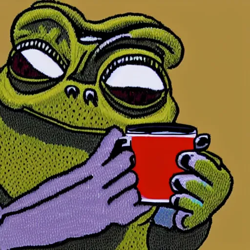 Image similar to A Smug Pepe the Frog wearing a sweater and drinking out of a shiny coffee mug, detailed, very detailed, heavily detailed, HD Quality, 4k Resolution, 8k Resolution, Epic, Awesome, Detailed Face, Very Detailed Face