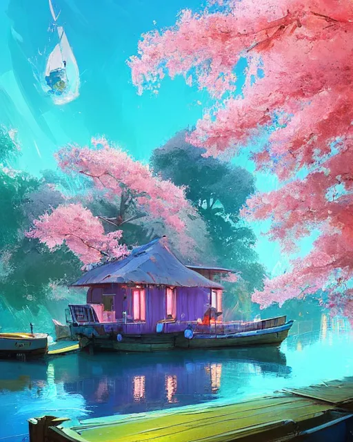 Image similar to a houseboat by a small fishing village on the river | cherry - blossoms | highly detailed | very intricate | serene romantic fantasy whimsical magical | professional cinematic lighting | dusk | studio ghibli | award - winning | matte painting by anton fadeev and paul lehr and rhads and alena aenami | pastel color palette | featured on artstation