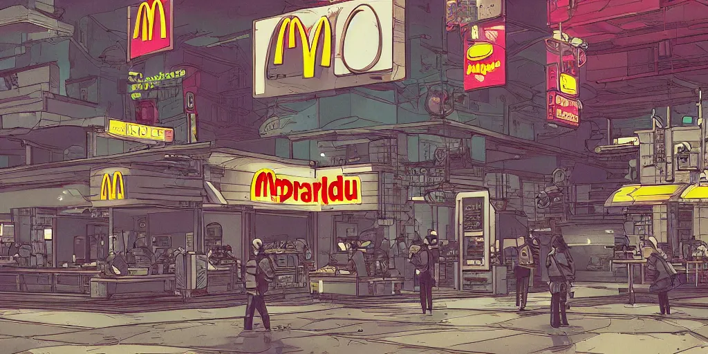 Prompt: a lone cyberpunk mcdonalds by kirokaze