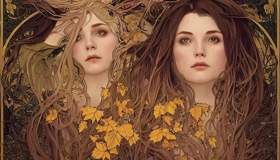 Image similar to golden leaves at frame border, creative!!! composition for a book cover!!!, absurdly beautiful, ultrafine hyperrealistic detailed old!! witch face by wlop and alphonse mucha and greg rutkowski, intricate linework, sharp focus, smooth, octopath traveler, final fantasy, unreal engine, dramatic lighting, ethereal, 8 k