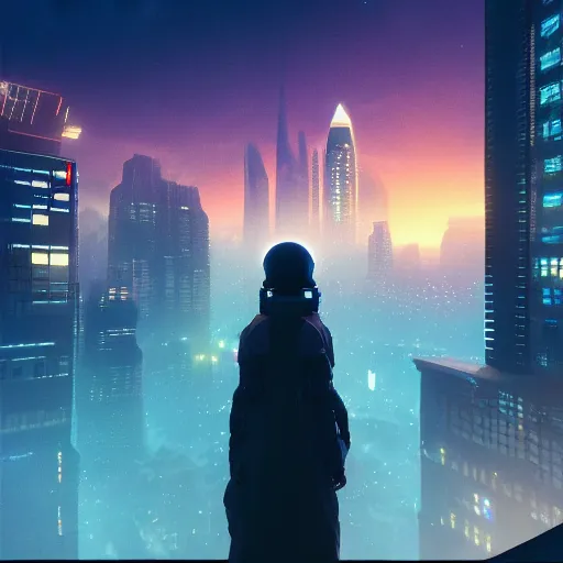 Image similar to person facing the desperate call of the void, futuristic cityscape, unreal 5 render, vivid colors, high detail, clear weather, studio ghibli, history painting, digital art, octane render, beautiful composition, trending on artstation, award - winning photograph, masterpiece