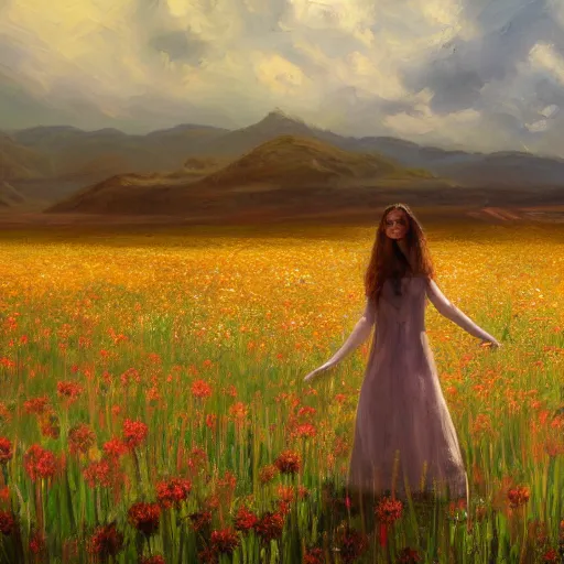 Image similar to a matte painting of the wild west, woman standing in flower field, oil painting, pale colors, high detail, 8 k, wide angle, trending on artstation,