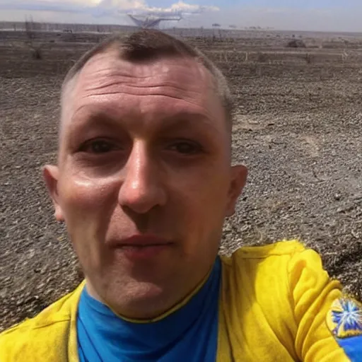 Image similar to a selfie of a ukrainian in yellow - blue rags against the backdrop of a nuclear explosion shoots himself in the head to die a less painful death