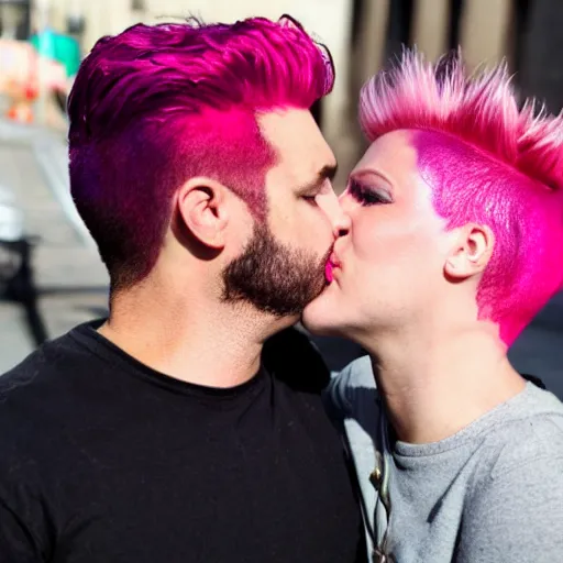 Image similar to feminist woman with pink hair kiss giga chad