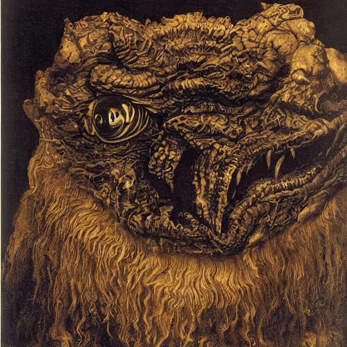 Prompt: close up portrait of a mutant monster creature with anglerfish facial features, bioluminescent nose by jan van eyck, audubon