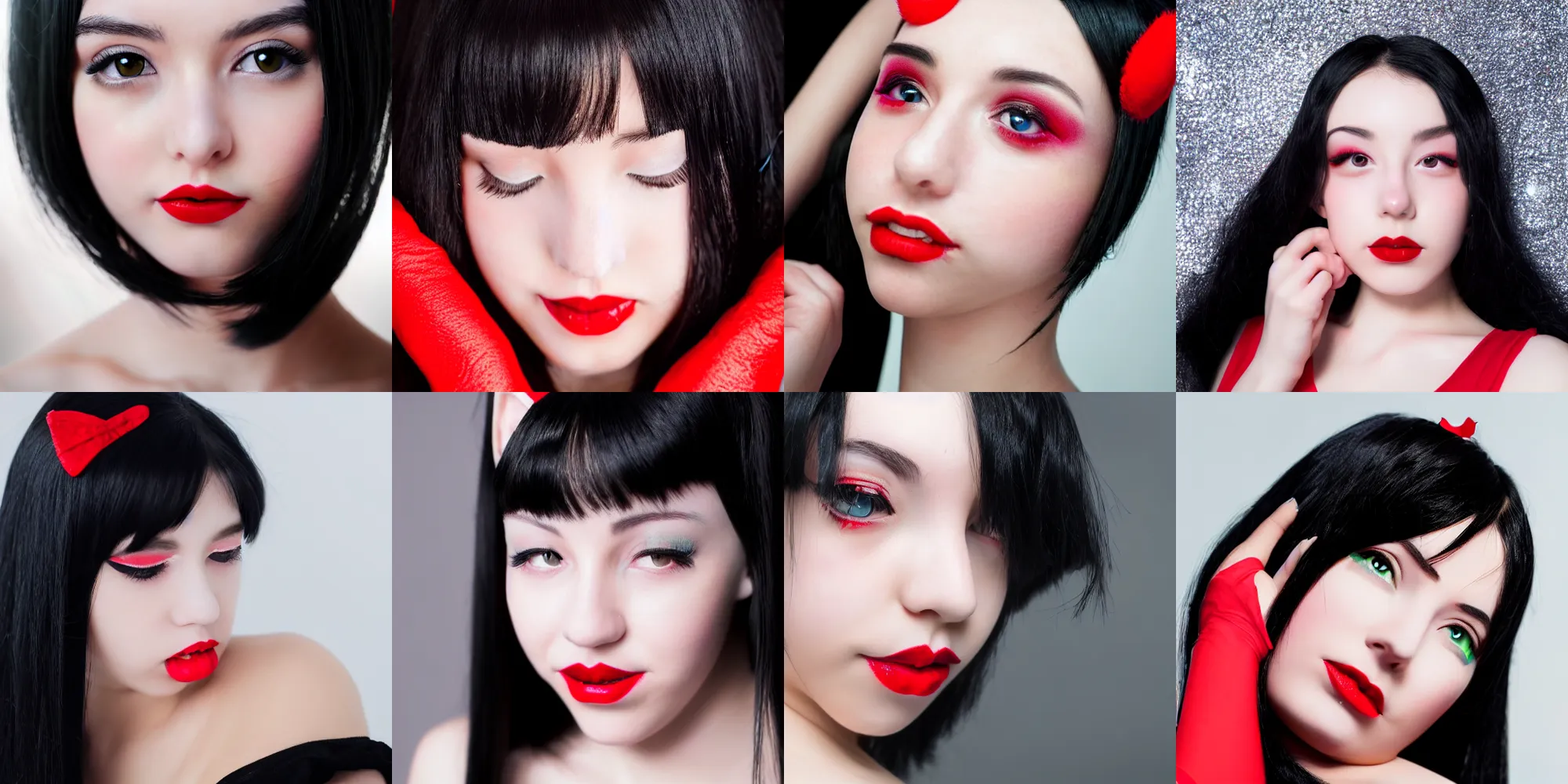 Prompt: a beautiful close - up shot of a catgirl cosplayer, 2 0 yo, female, black hair, red lips, beautiful soft light falling on her face, studio photography, in the style of victoria frances