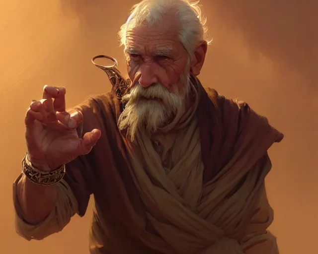 Image similar to old man with rings on all his fingers, deep focus, d & d, fantasy, intricate, elegant, highly detailed, digital painting, artstation, concept art, matte, sharp focus, illustration, hearthstone, art by artgerm and greg rutkowski and alphonse mucha