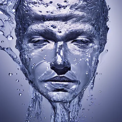 Prompt: water artwork manipulation in the shape of a human head on the ocean, ray tracing, realistic water sharp focus, long shot, 8 k resolution, cinematic