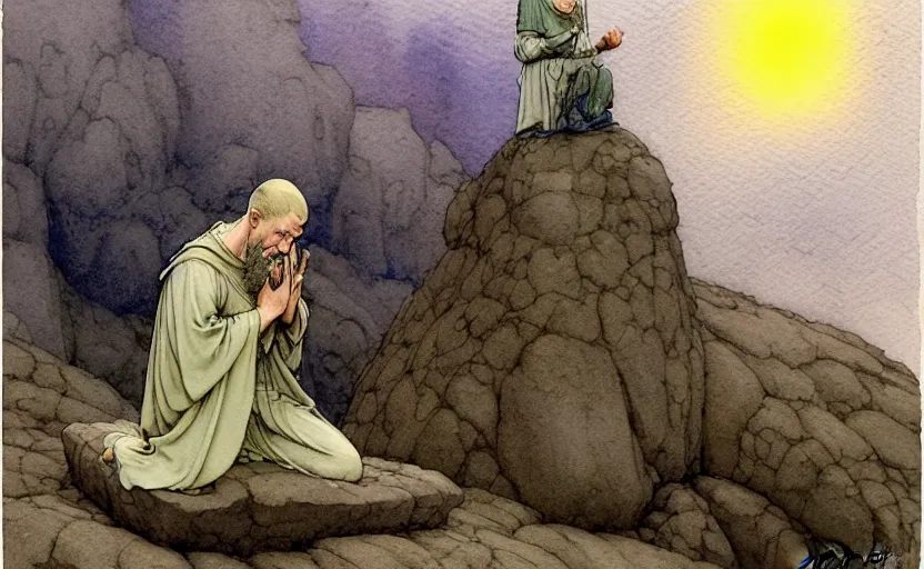 Prompt: a hyperrealist watercolour character concept art portrait of one small grey medieval monk kneeling in prayer. a giant flat rock floats in the air above him. it is a misty night. by rebecca guay, michael kaluta, charles vess and jean moebius giraud