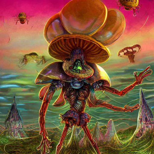 Image similar to 4 k headshot portrait of a psychedelic demonic anthropomorphic insect knight with mushroom themed clothes, magic mushroom village in background by jeff easley, award winning, stylized neon, post - processing, masterpiece, superb resolution. in the art style of junji ito and greg rutkowski. detailed mushroom city in background. hyper realistic anime. perfect art. dalle 2