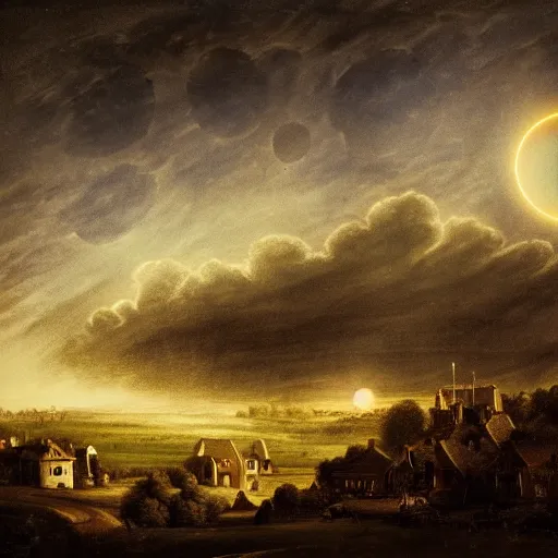 Image similar to dark solar eclipse, above a village, highly detailed, studio 4 k quality, by constable john