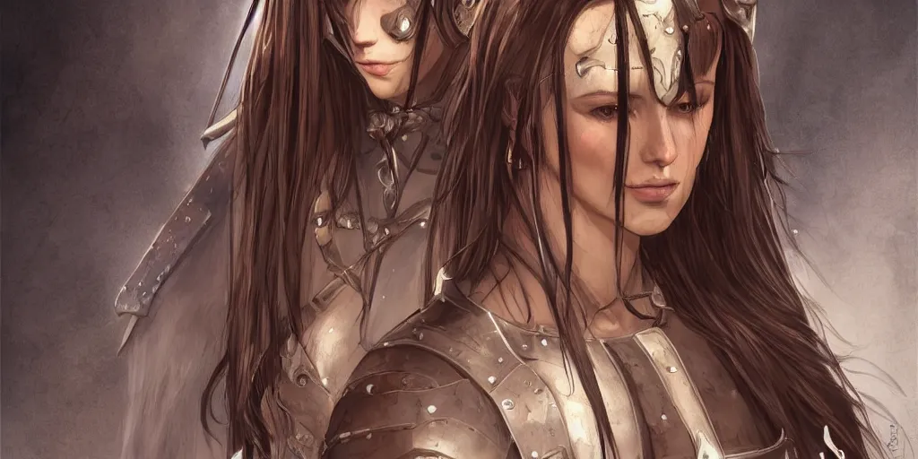 Image similar to 2 5 years old women : : dark straight hair : : overwheight, brown medieval cloting, light armor, natural materials : : high detail, digital art, illustration, realistic, rpg, fantasy
