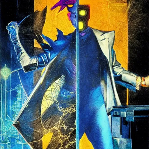 Prompt: portrait of the hacker cyberpunk magician in a dramatic jojo pose tarot card, golden blue outfit, oil on canvas by dave mckean and ryuichi sakamoto