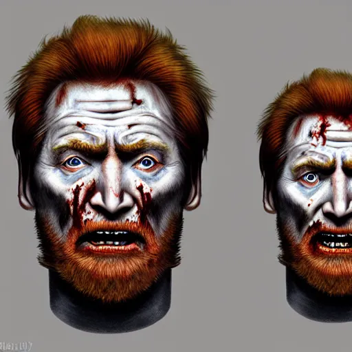 Image similar to color head portrait of conan o'brien as a zombie, 7 days to die zombie, gritty background, fine art, award winning, intricate, elegant, sharp focus, cinematic lighting, digital painting, 8 k concept art, art by michael hussar, art by brom, art by guweiz and z. w. gu, 8 k