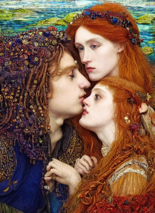 Prompt: detailed colourful masterpiece of intricate preraphaelite art novueau photography couple portrait sat down extreme closeup, love, inside an underwater train, detailed realistic expressions, wearing unusual clothes, by ford madox brown, ultra wide angle