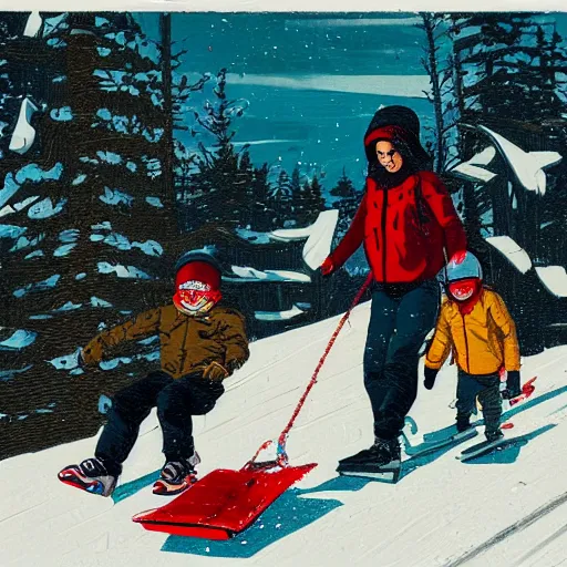 Image similar to Pogg and Yuurei sledding in Canada, 4k, sharp focus,woodcut art, greg rutkowski