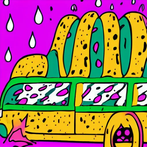 Prompt: pop - wonder - nft alien - meat half - tone - art of a schoolbus wading through the goopy - muck and slithering about the castle side delights on a melted cheesy day in a hand - drawn vector, svg, cult - classic - comic - style